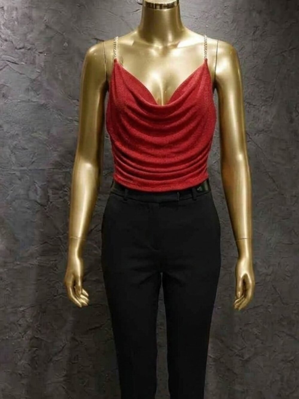 Wearever Vibrant Red Cowl Neck Cami Gold Chain Straps Medium EVC